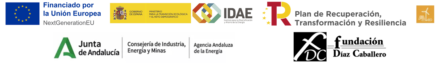 Logotipos Uni&oacute;n Europea, Gobierno de Espa&ntilde;a, IDAE, Plan de Recuperaci&oacute;n, Transformaci&oacute;n y Resilencia, Junta de Andaluc&iacute;a y Fundaci&oacute;n D&iacute;az Caballero